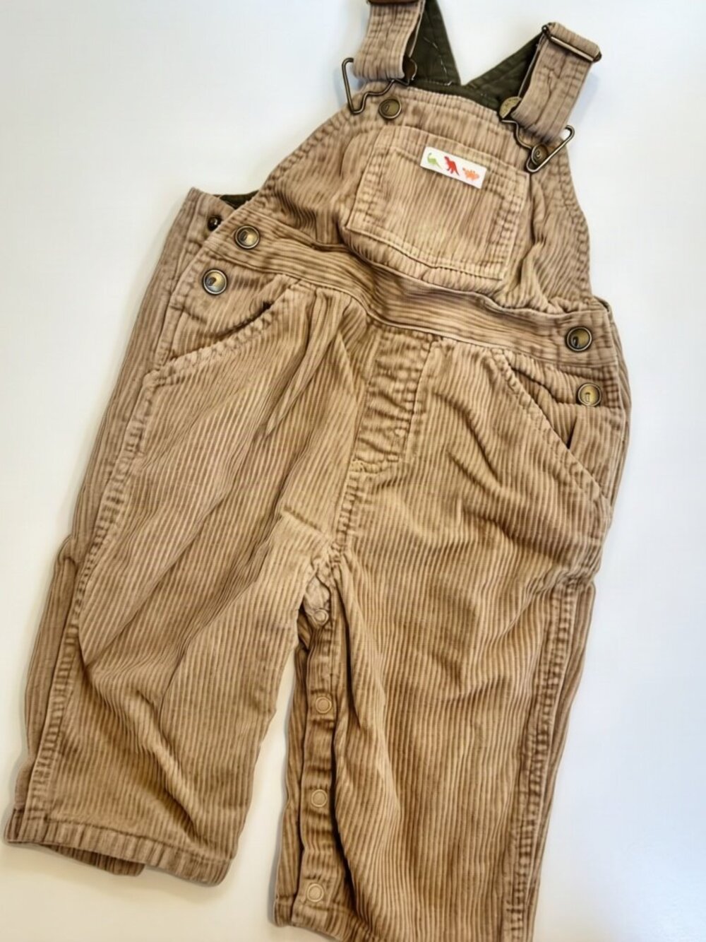 Gymboree Tan Corduroy Baby Overalls Dinosaur Patch 6-12M